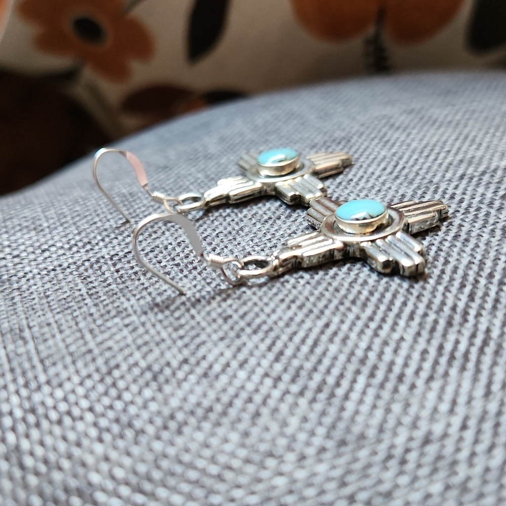 NWOT Native American Navajo Turquoise & Sterling Zia Sun Dangle Earrings 🩵🌞🩶 - Picture 5 of 11